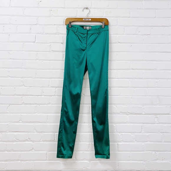 Tristan Pants - TRISTAN green satin straight leg trousers